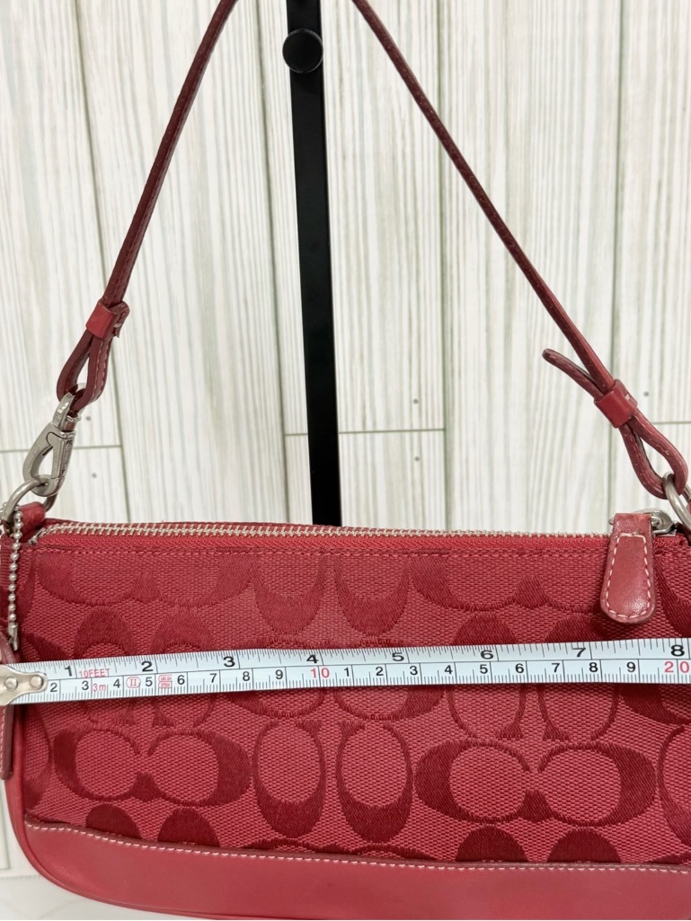 Coach Signature Jacquard Red Mini Shoulder Bag Y2K Baguette Purse Leather Trim - Picture 7 of 13